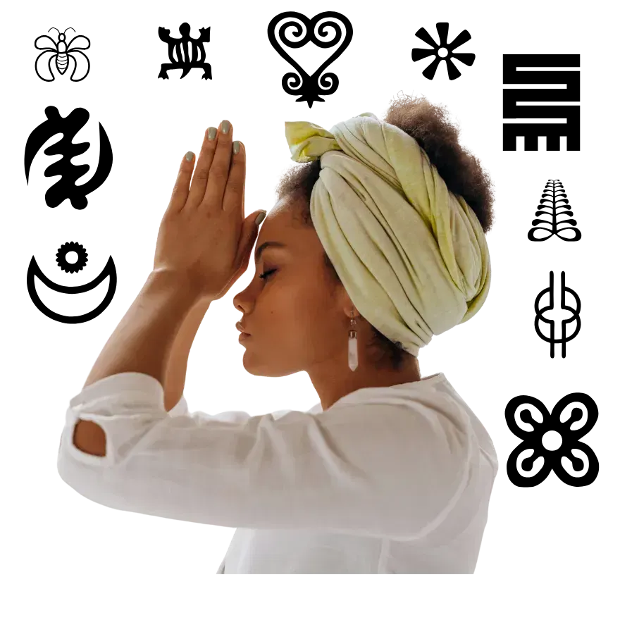 Ama Ronke in a headwrap with her hands held in a prayer position